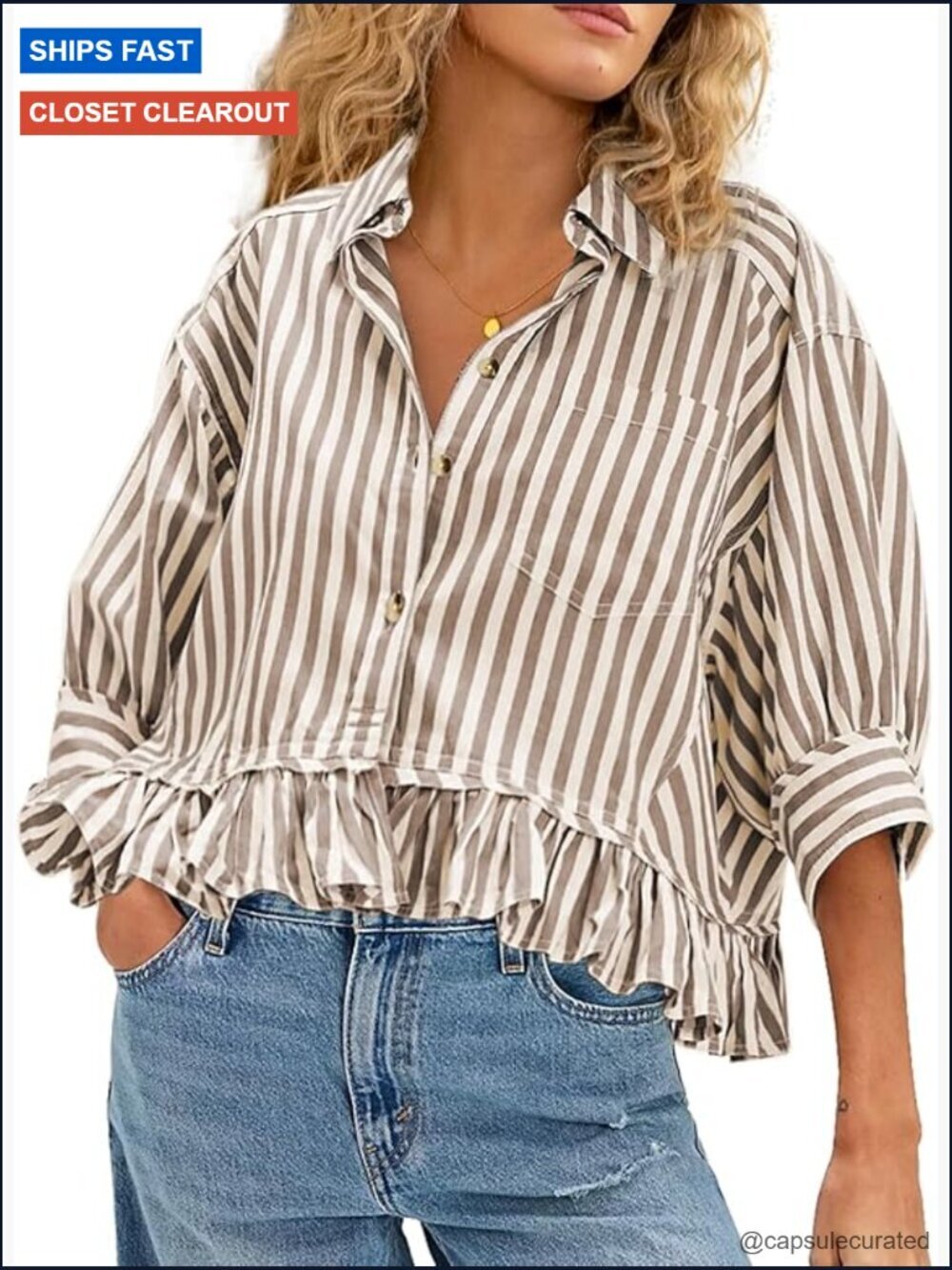 Ruffled Short Sleeve Button Down Striped Babydoll Blouse